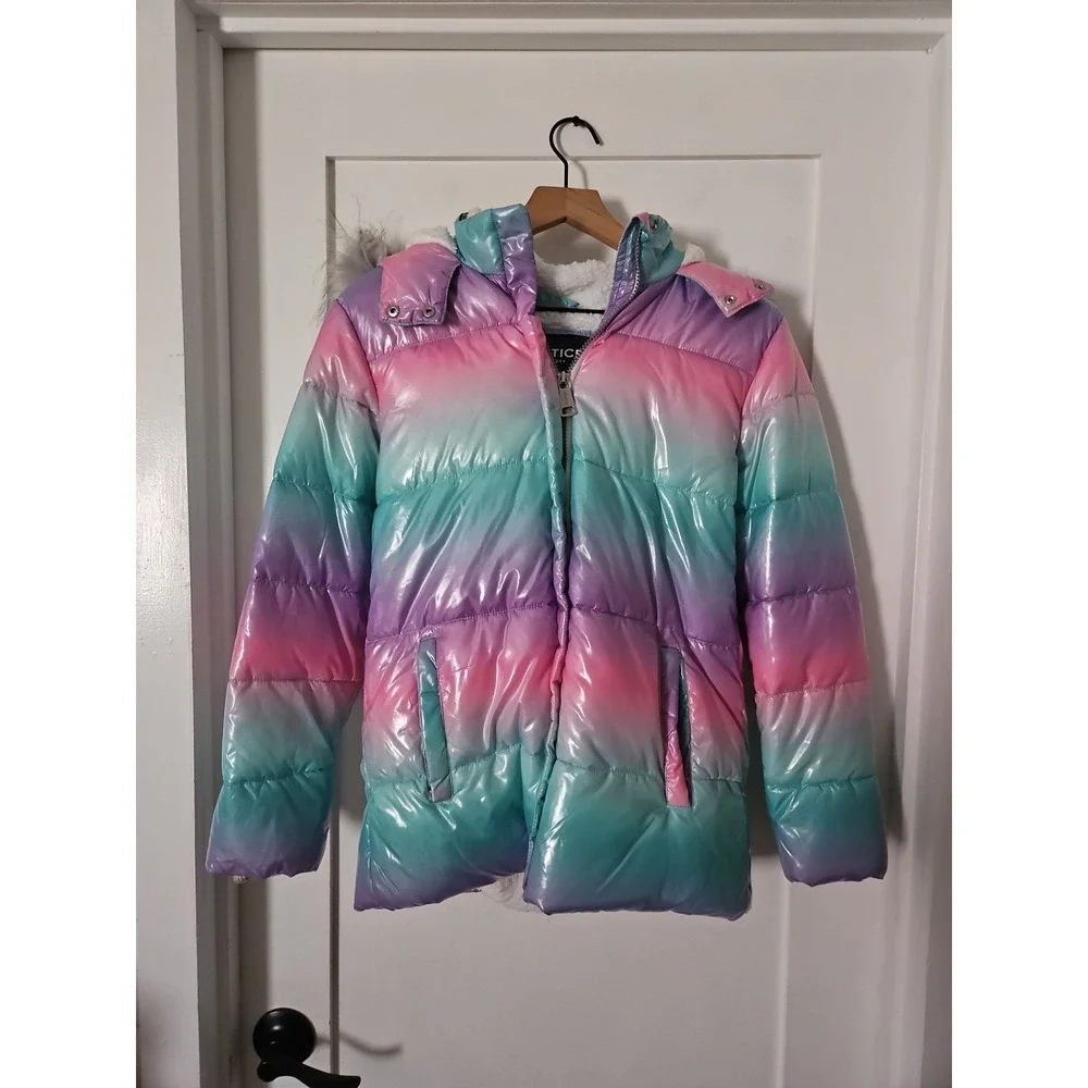 Justice Girls Ombre Metallic Puffer Jacket with Removable Faux Fur Hood